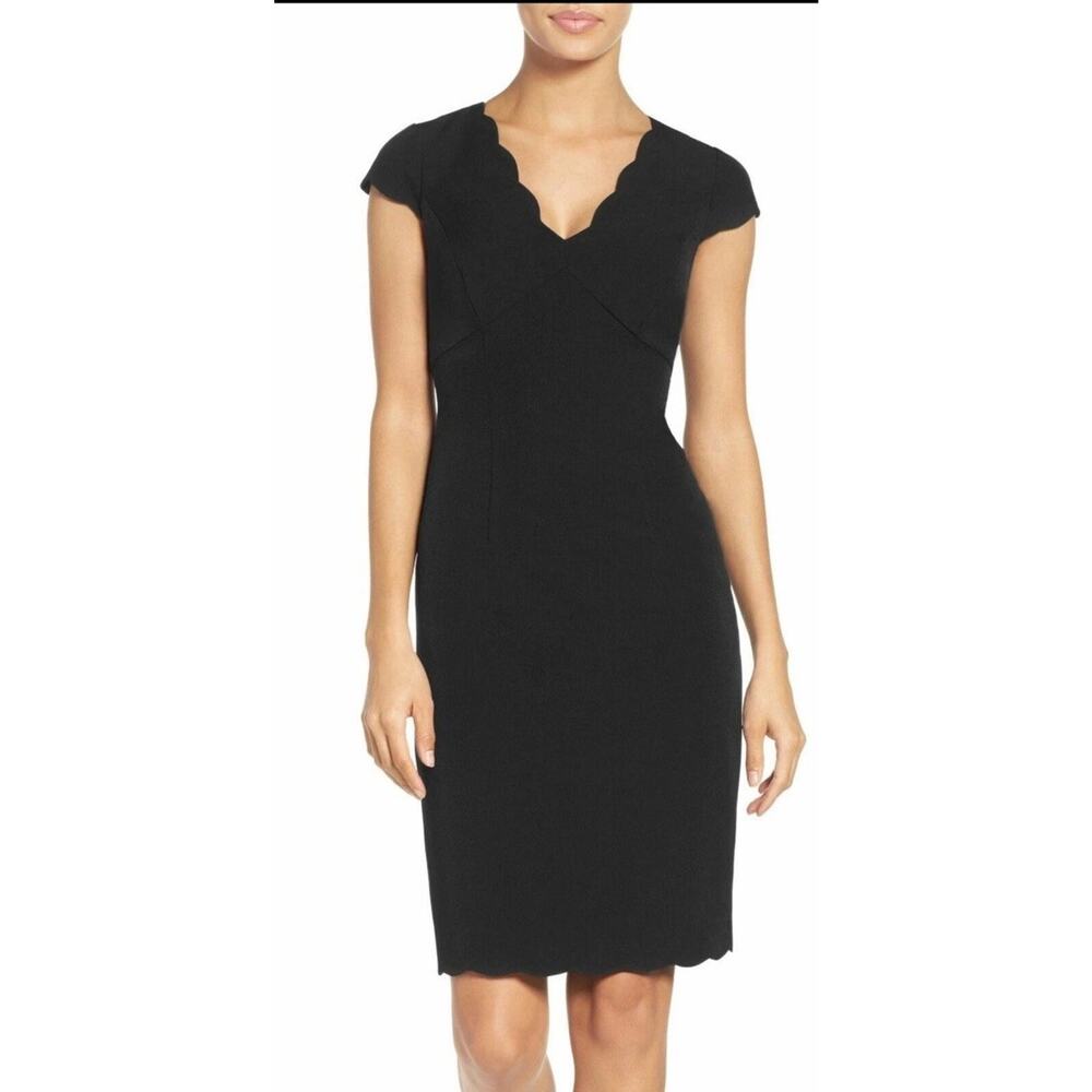ADRIANNA PAPELL Black Solid Scalloped Trim Cap Sleeve V Neck Sheath Dress Sz 8